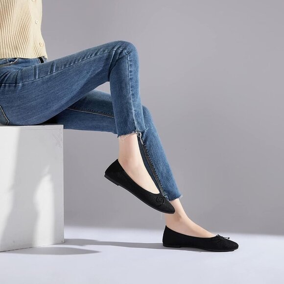 Women's Black Mesh Flats 8.5 Pointed Toe Bow Comfortable Dress Shoes - Picture 9 of 9